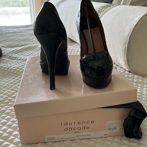 Laurence Dacade Paris platform open toe heels black croc embossed leather